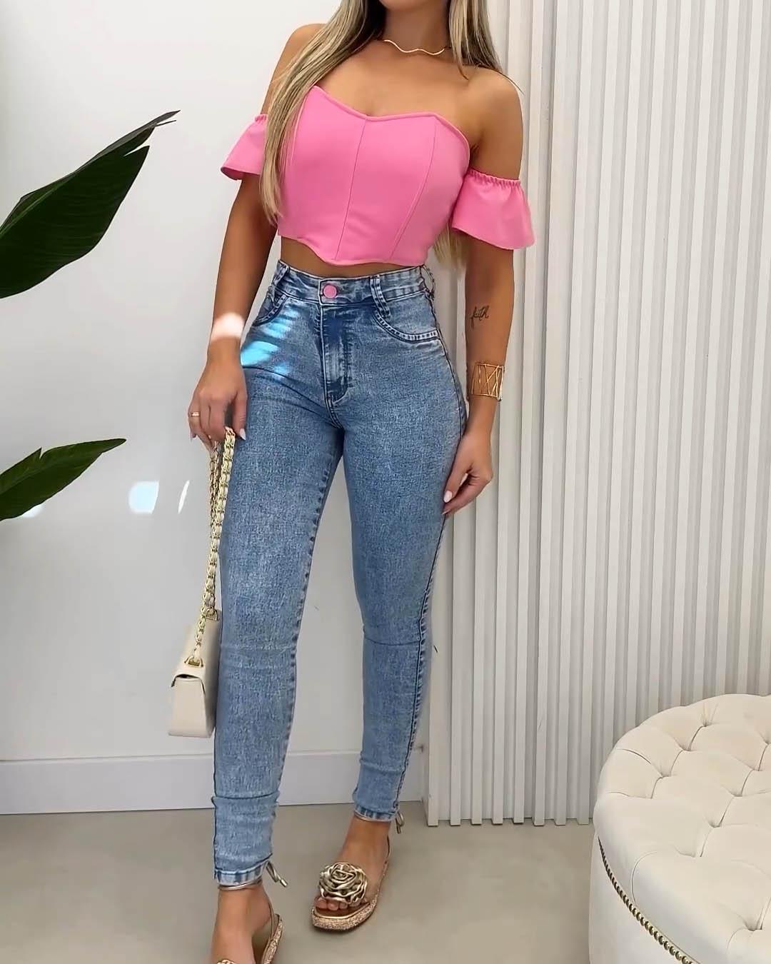 High Waist Girl’s Pink Button Skinny Jeans