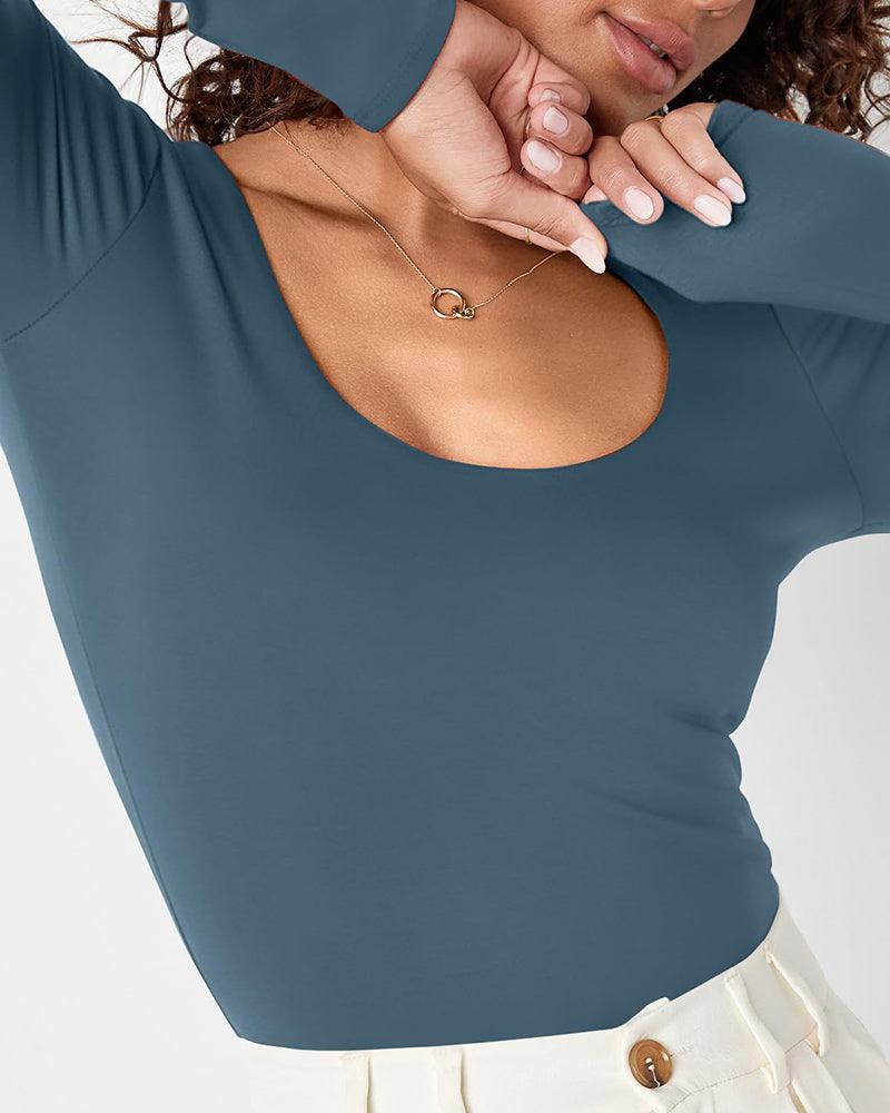 Two-color Double-layer Square Collar Slim Long-sleeved T-shirt - Wishe