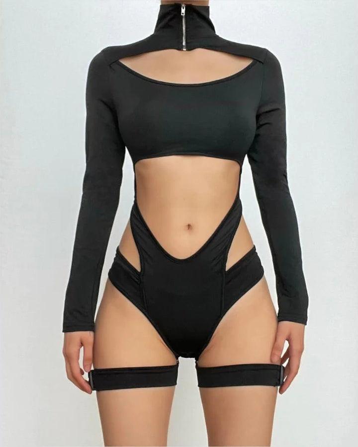 Hollow Out Zip-Up Long Sleeve Button Buckle Bodysuit