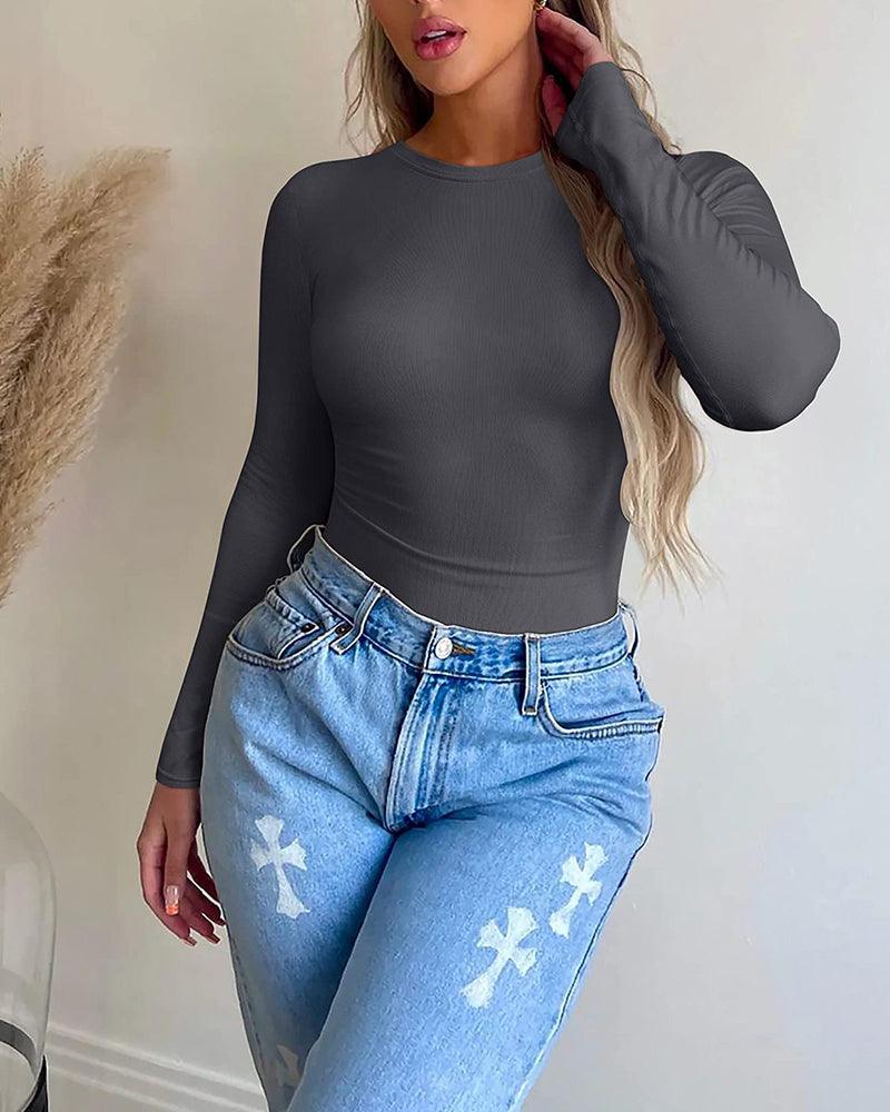 Round Neck Stretch Long Sleeve T-shirt - Wishe