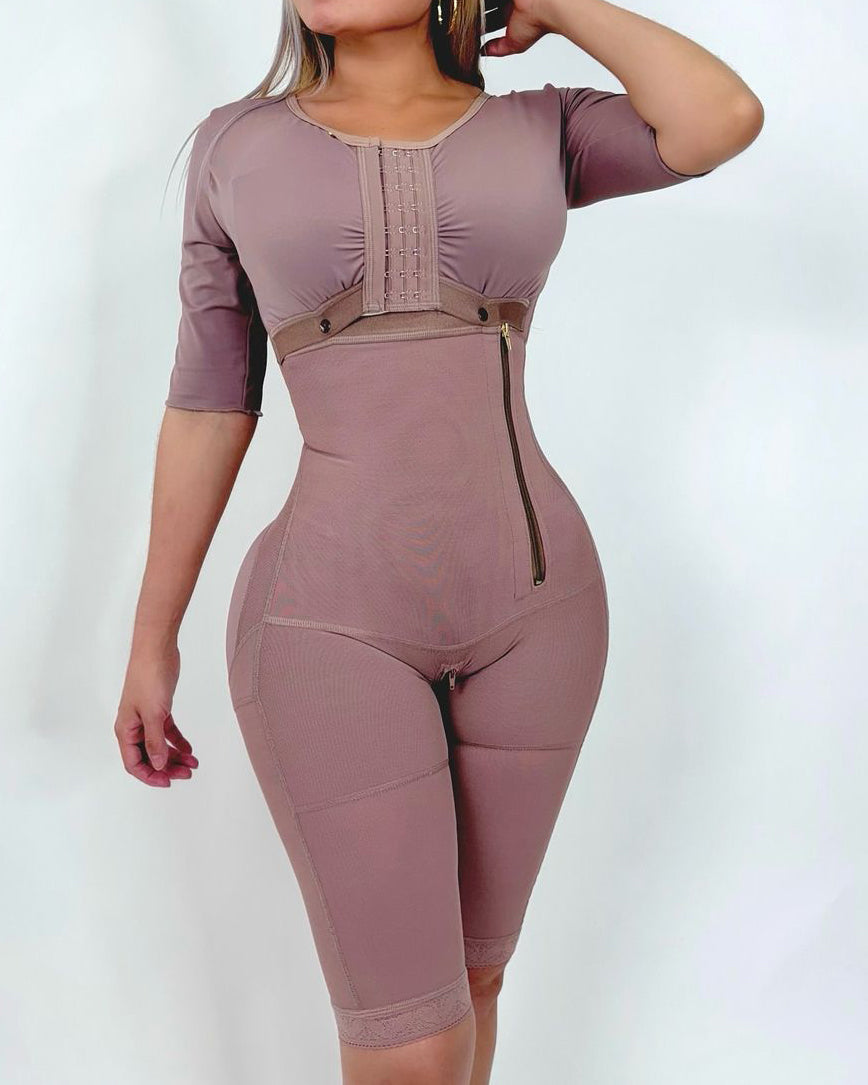 High Compression Full Body Side Zipper Tummy Control Shapewear with Mid-long Sleeves