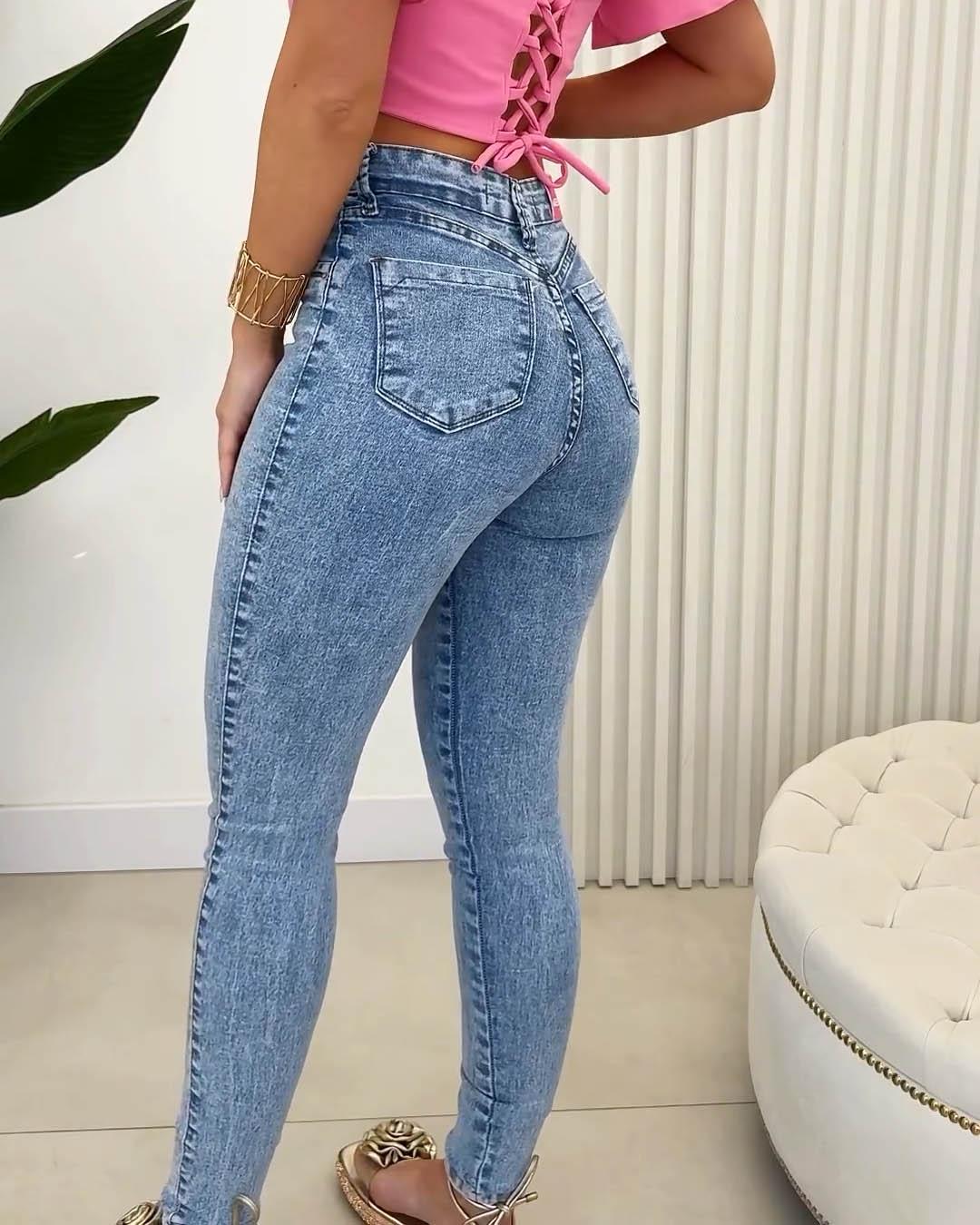 High Waist Girl’s Pink Button Skinny Jeans