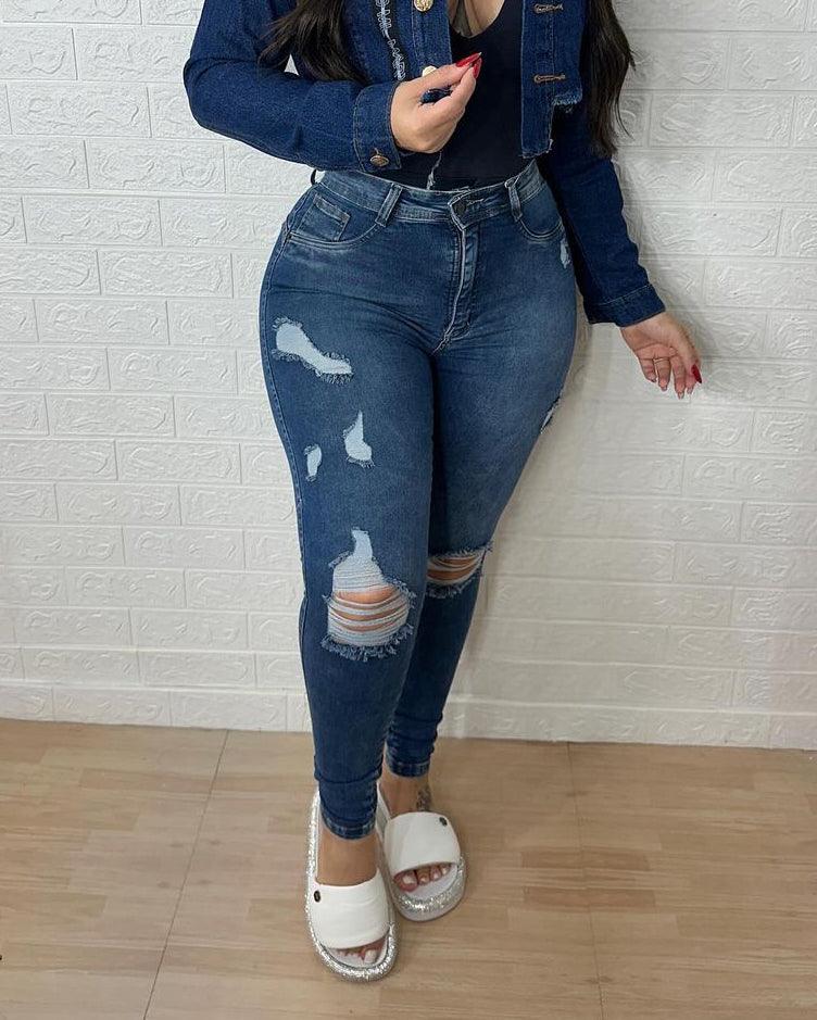 High Waist Skinny Ripped Butt Push Up Jeans