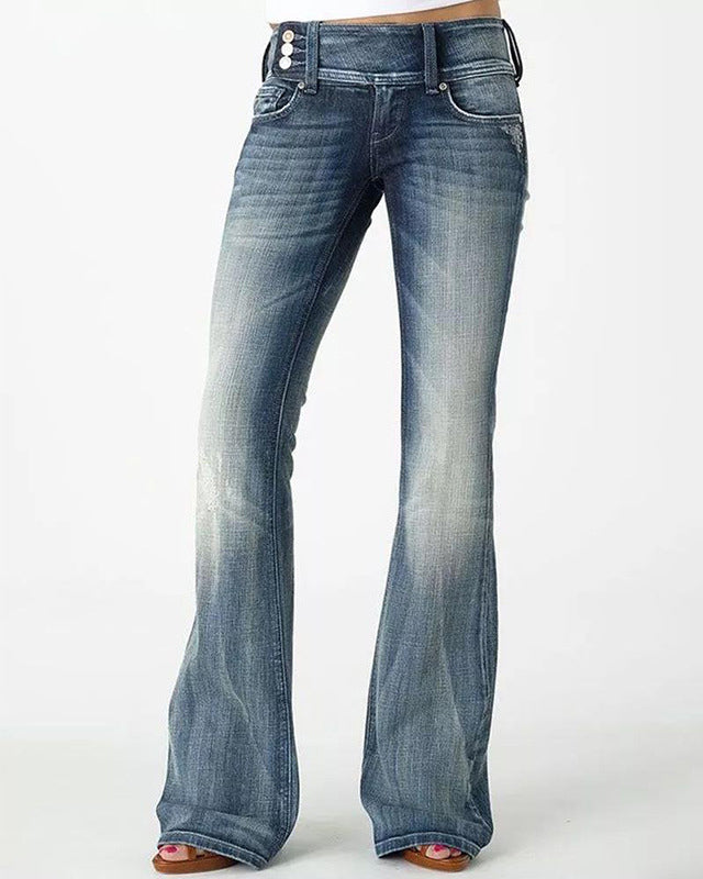 Vintage Side Button Mid-Rise Bootcut Jeans