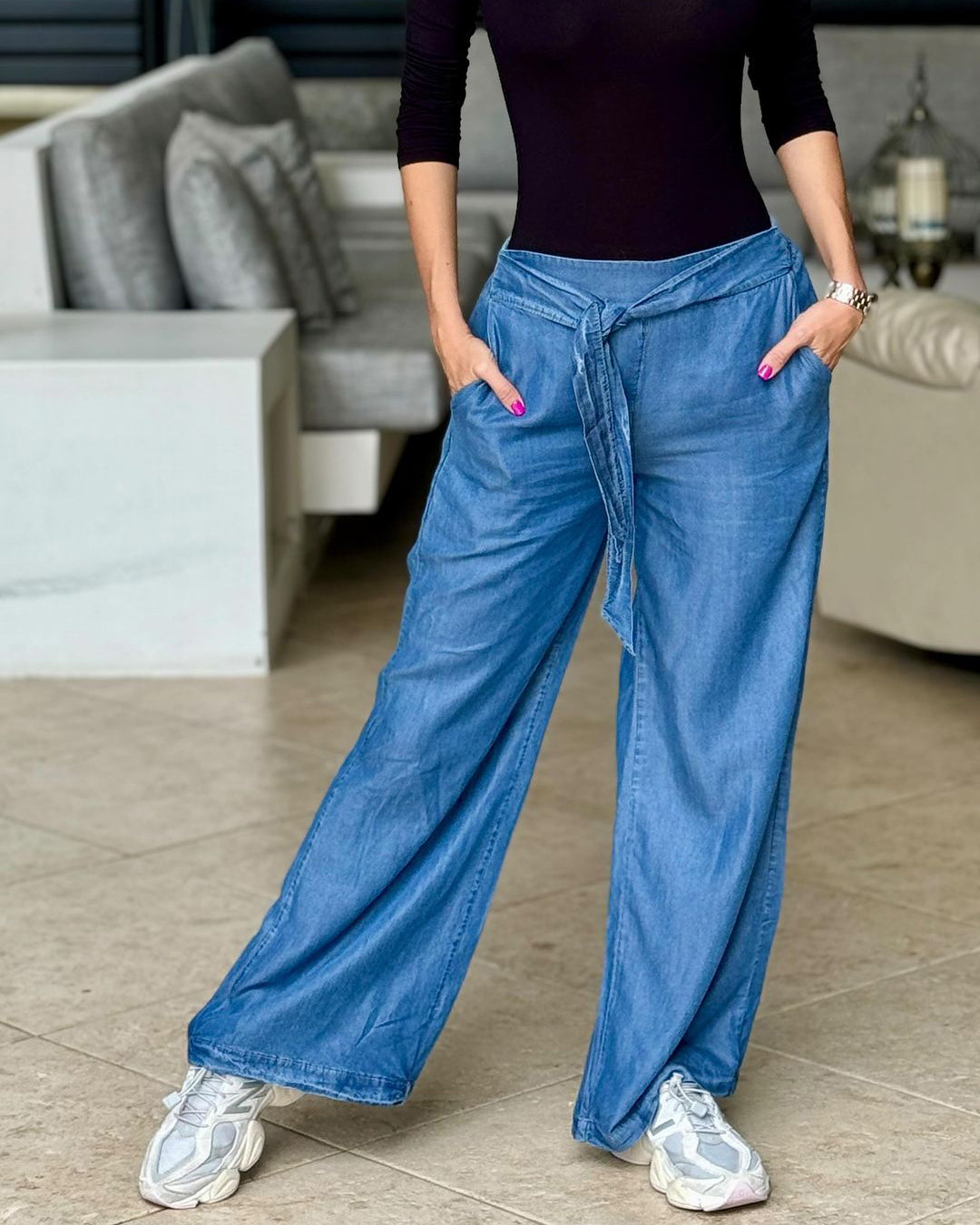 Fashion Trendy Wide Leg Demin Pant with Waist Band