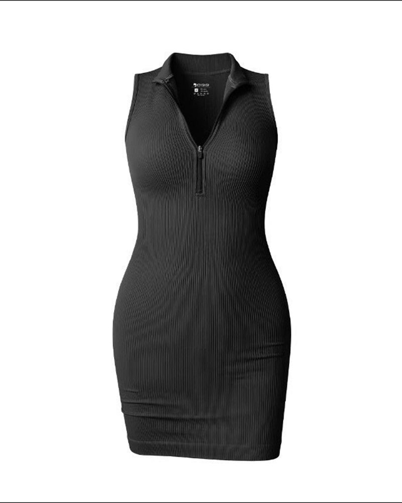 Ribbed Zipfront Sleeveless Bodycon Mini Dress