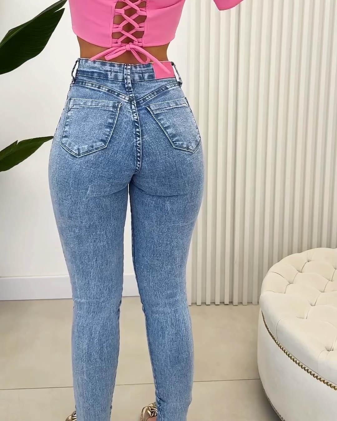 High Waist Girl’s Pink Button Skinny Jeans