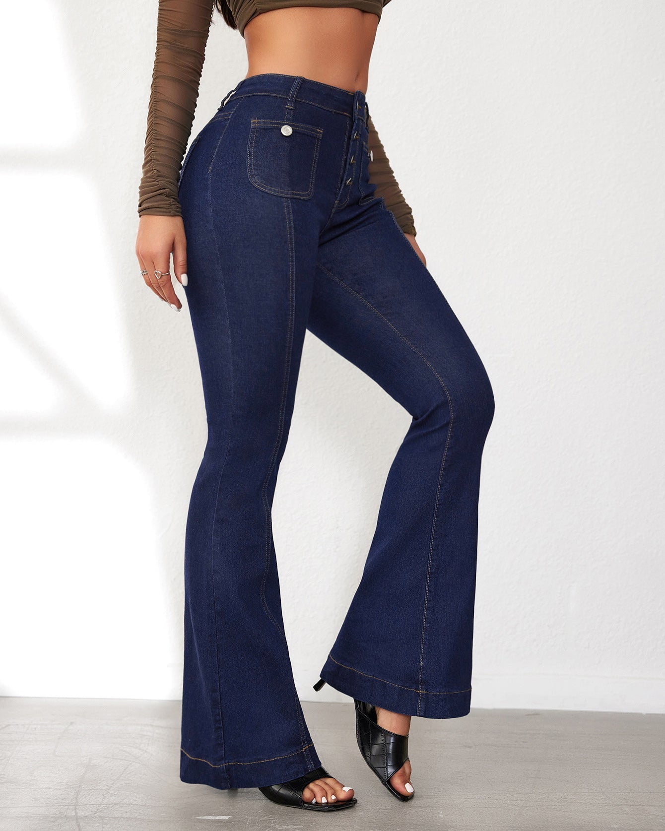 Buttoned-Breasted Slim-Fit Bootcut Jeans For Women High-Waisted Patchwork Trousers