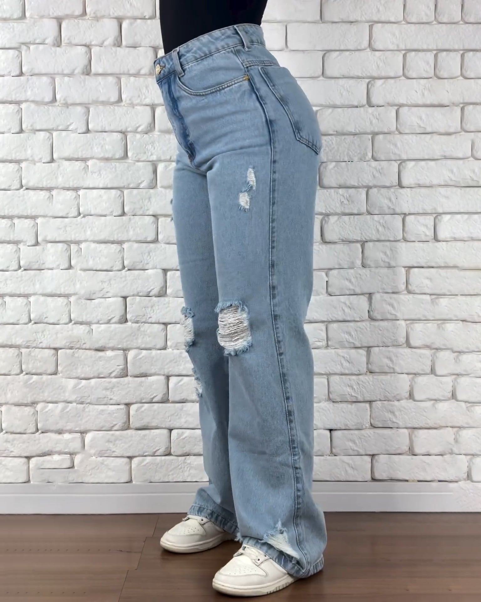 High Waist Rippped Straigt Leg Wide Jeans