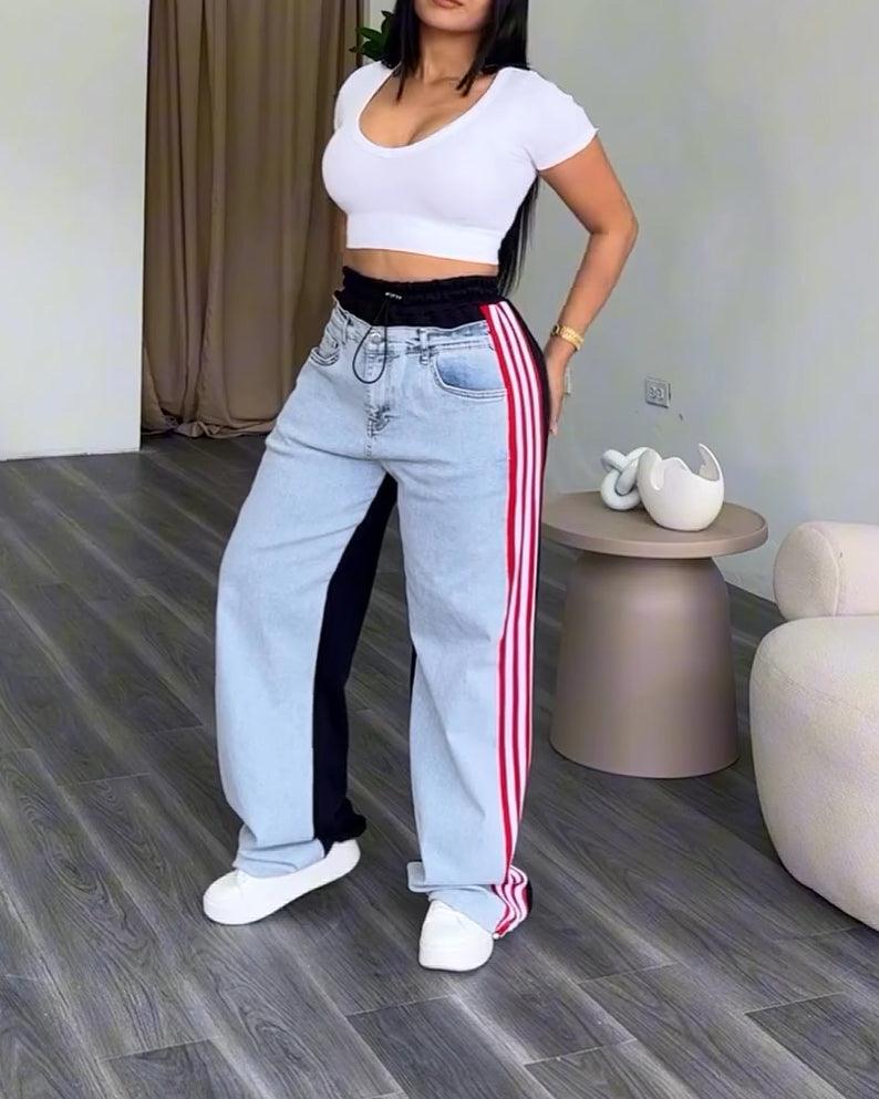 High Waist Wide Legh Casual Sports Jeans