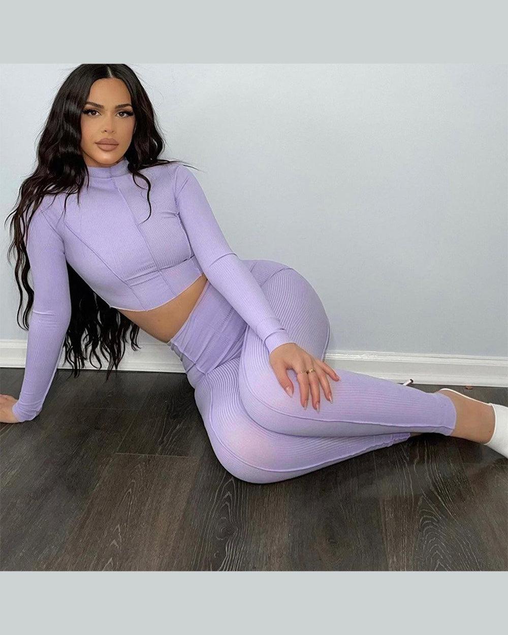 Workout Sets for Women 2 Piece Outfit Seamless Long Sleeve Crop Tops Ribbed High Waist Leggings Yoga Set Tracksuit - Wishe