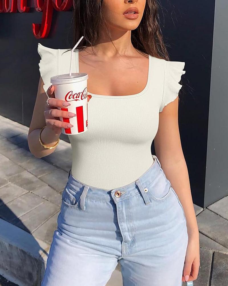 Sexy Ribbed Square Neck Ruffles Sleeve Bodysuits