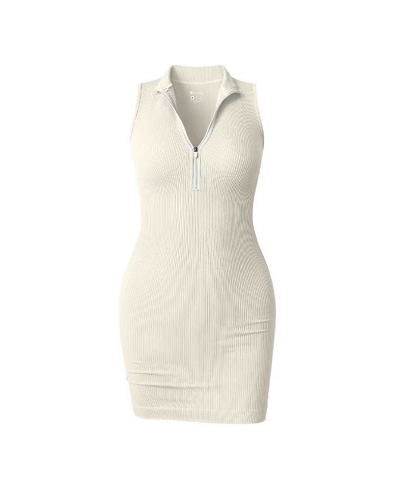 Ribbed Zipfront Sleeveless Bodycon Mini Dress