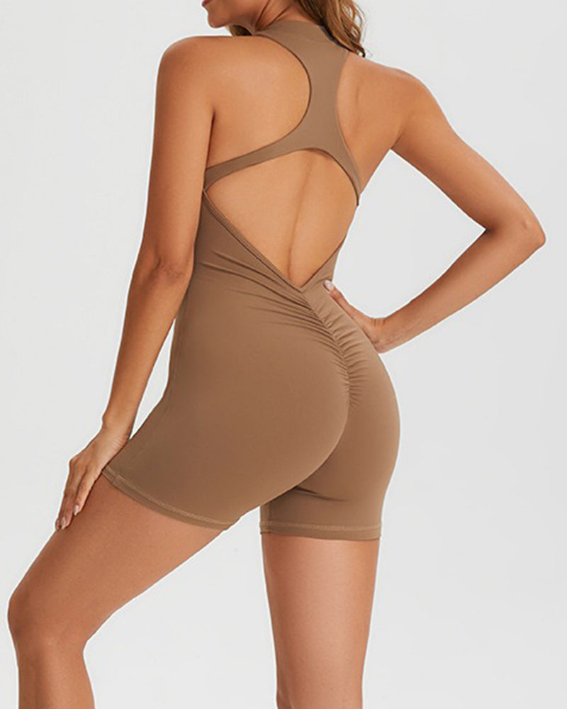 Zip Up Tummy Control Sleeveless Shorts V Back Yoga Rompers