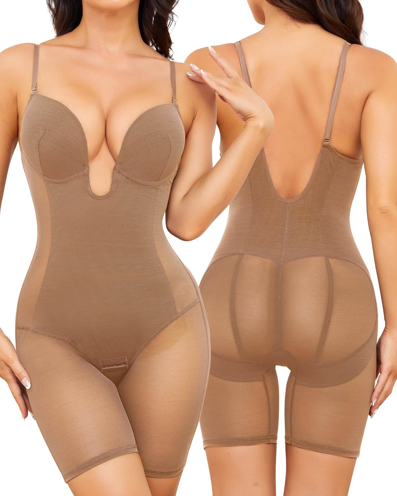Body Shaper for Women Tummy Control U Plunge Backless Full Body Shapewear Mid Thigh Mesh strapless Bodysuit Top