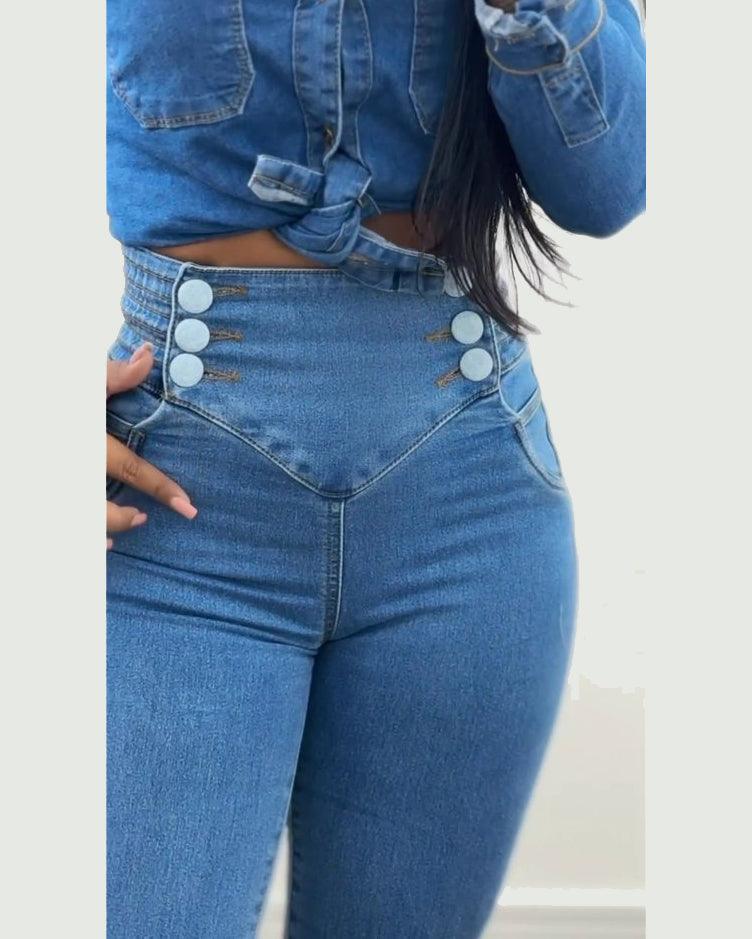 High Waist Super Stretch Double-breasted Buttons Butt Push Up Jeans