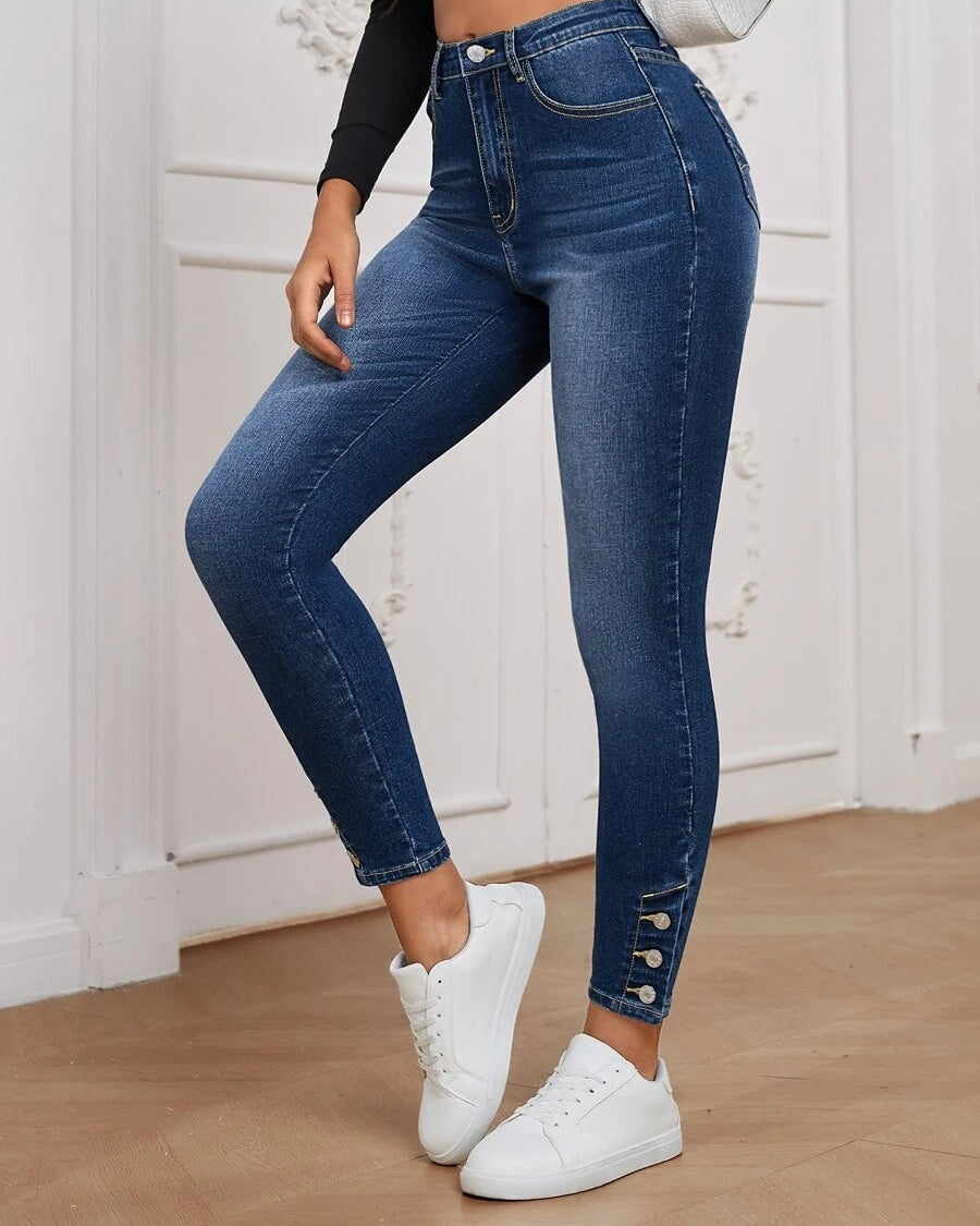 High Stretch Buttoned Skinny Denim Trousers