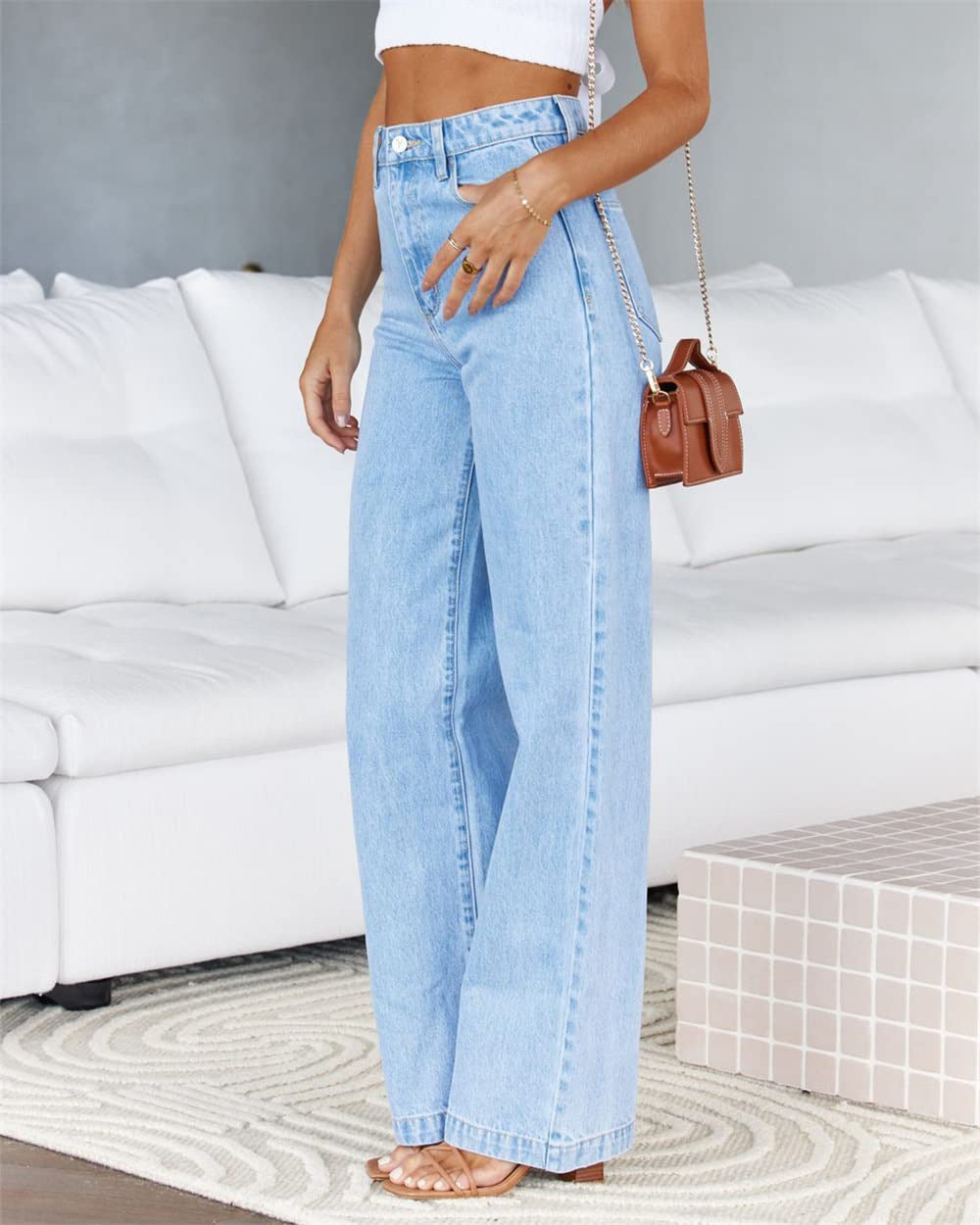 High Waist Light Blue Straight Wide Leg Wash Jeans