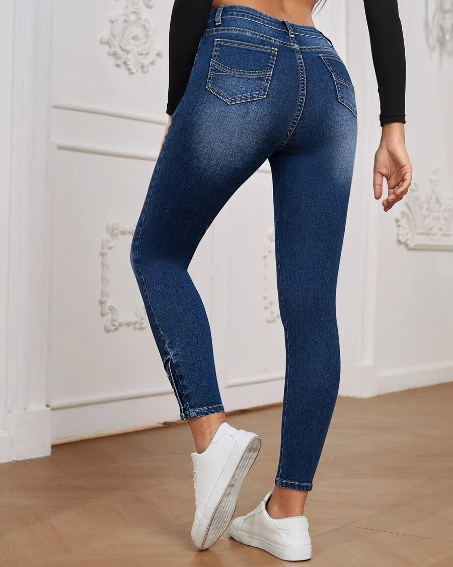 High Stretch Buttoned Skinny Denim Trousers