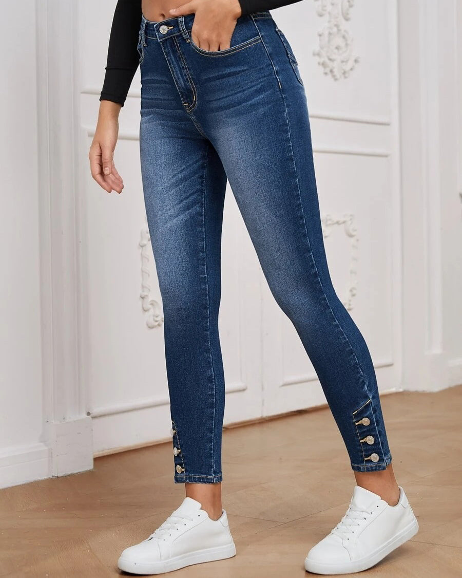 High Stretch Buttoned Skinny Denim Trousers