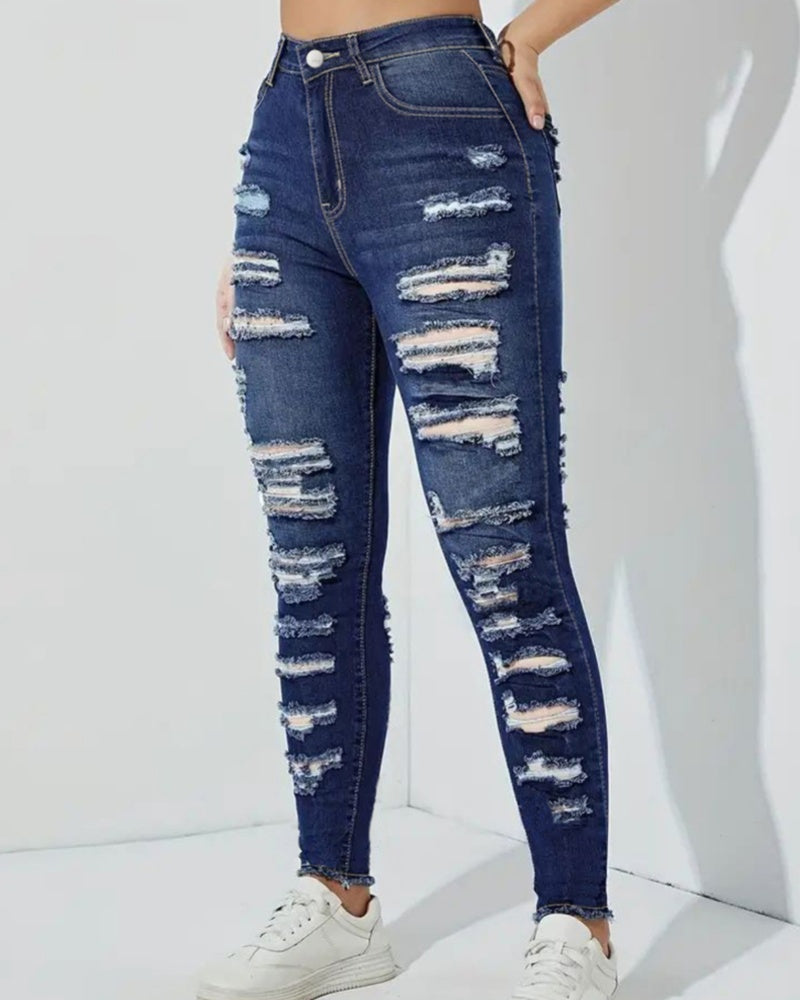 Ripped raw edge high elastic skinny jeans