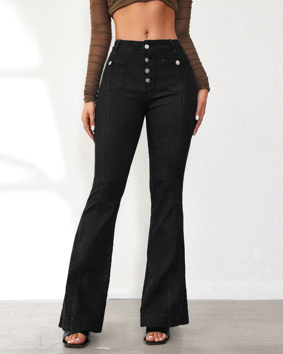 Buttoned-Breasted Slim-Fit Bootcut Jeans For Women High-Waisted Patchwork Trousers