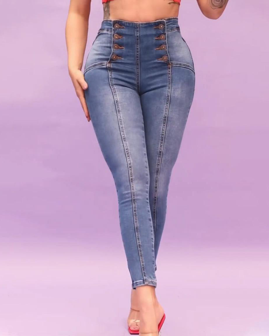 Double Buttons Stretchy Jeans
