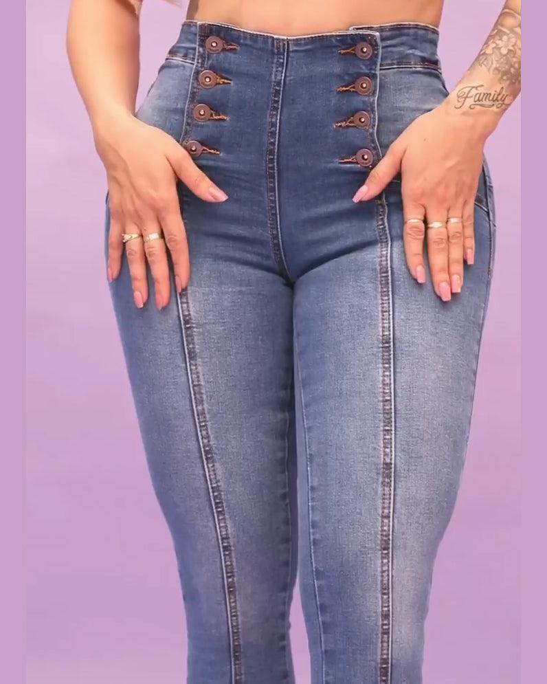 Double Buttons Stretchy Jeans - Wishe
