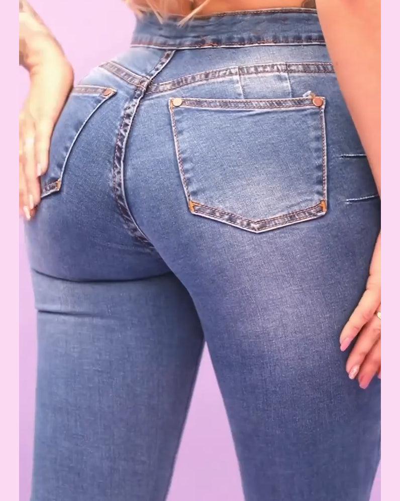 Double Buttons Stretchy Jeans - Wishe