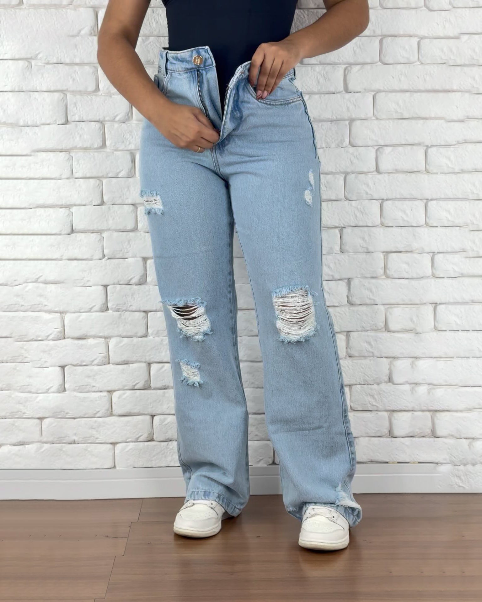 High Waist Rippped Straigt Leg Wide Jeans