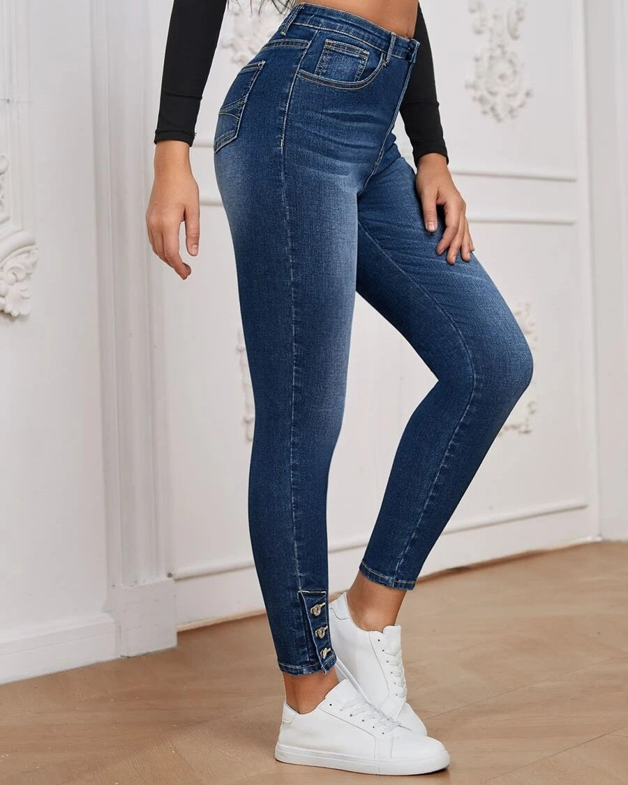 High Stretch Buttoned Skinny Denim Trousers