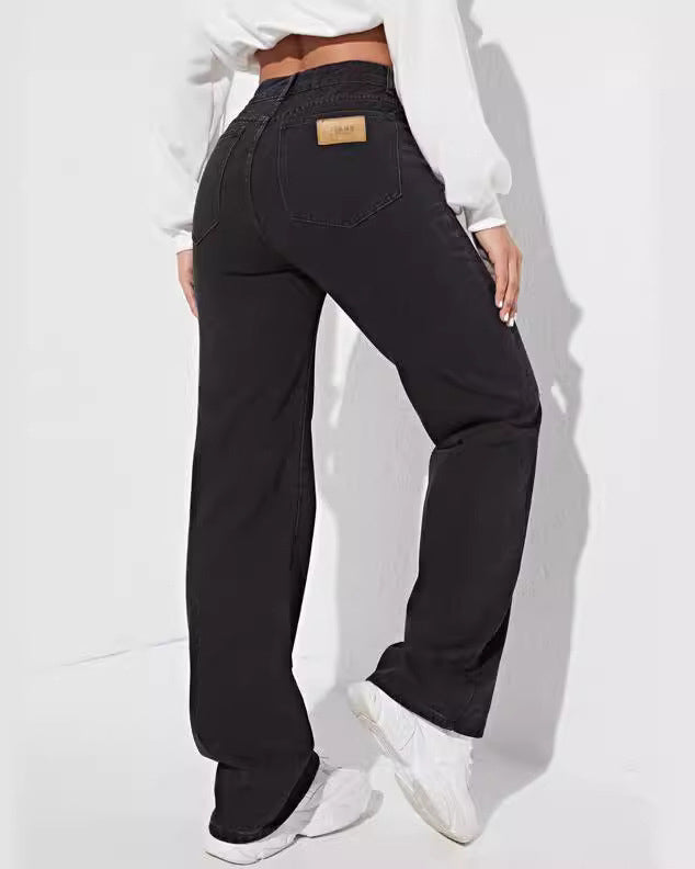 High Waist Wide Leg Wash Black Jeans