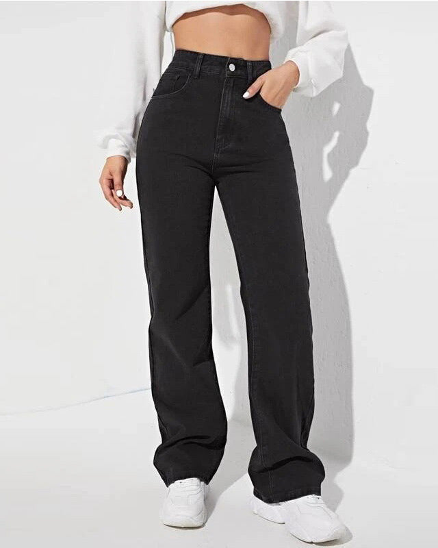 High Waist Wide Leg Wash Black Jeans