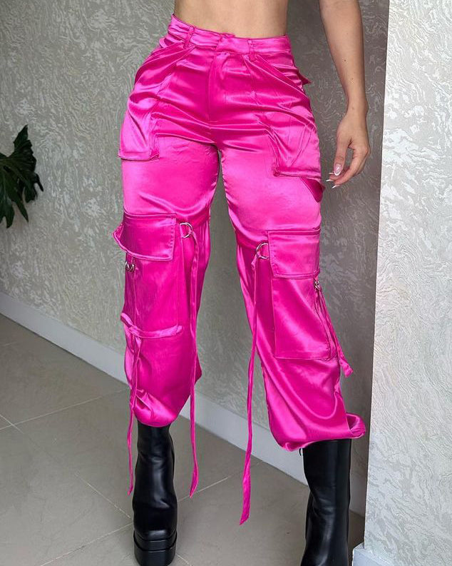 Satin Hot Pink Straight Legh Cargo Pant