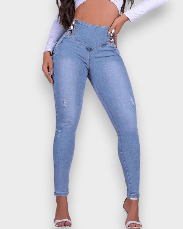 High Waist Double Buttons Tummy Control Stretchy Jeans