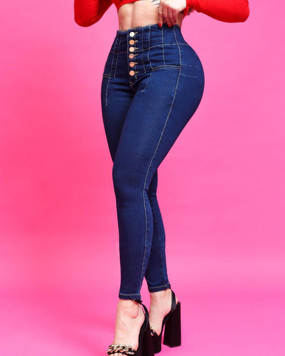 High Waist Six Buttons Skinny Jeans