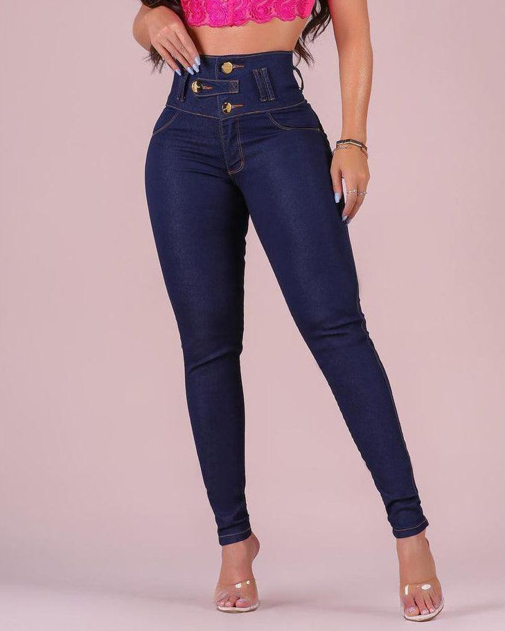 High Waist Three Buttons Skinny Jeans