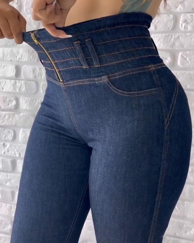 HIigh Waisted Front Zipper Stretchy Jeans