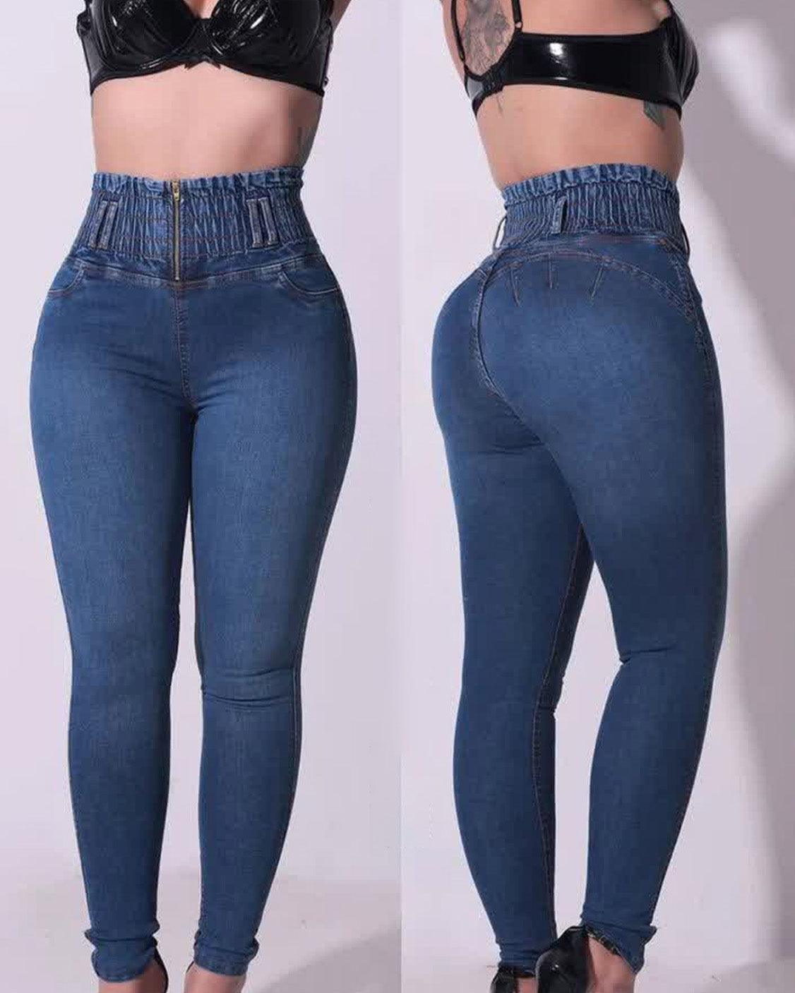 HIigh Waisted Front Zipper Stretchy Jeans - Wishe