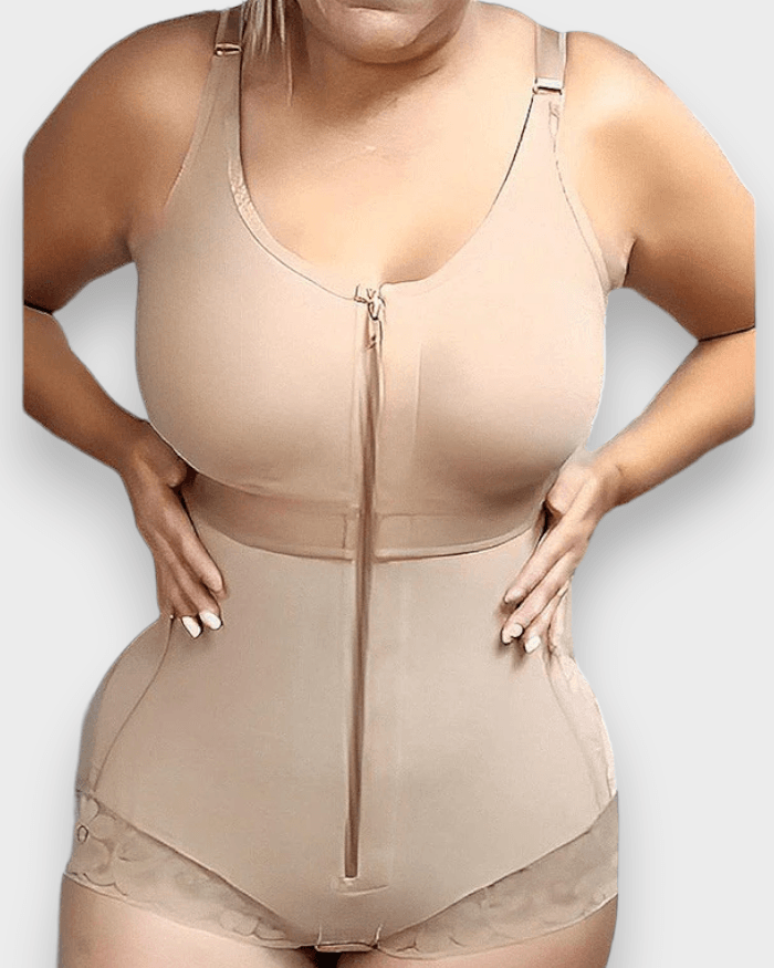Internal Hooks Tummy Control Zipper Bodysuit - Wishe