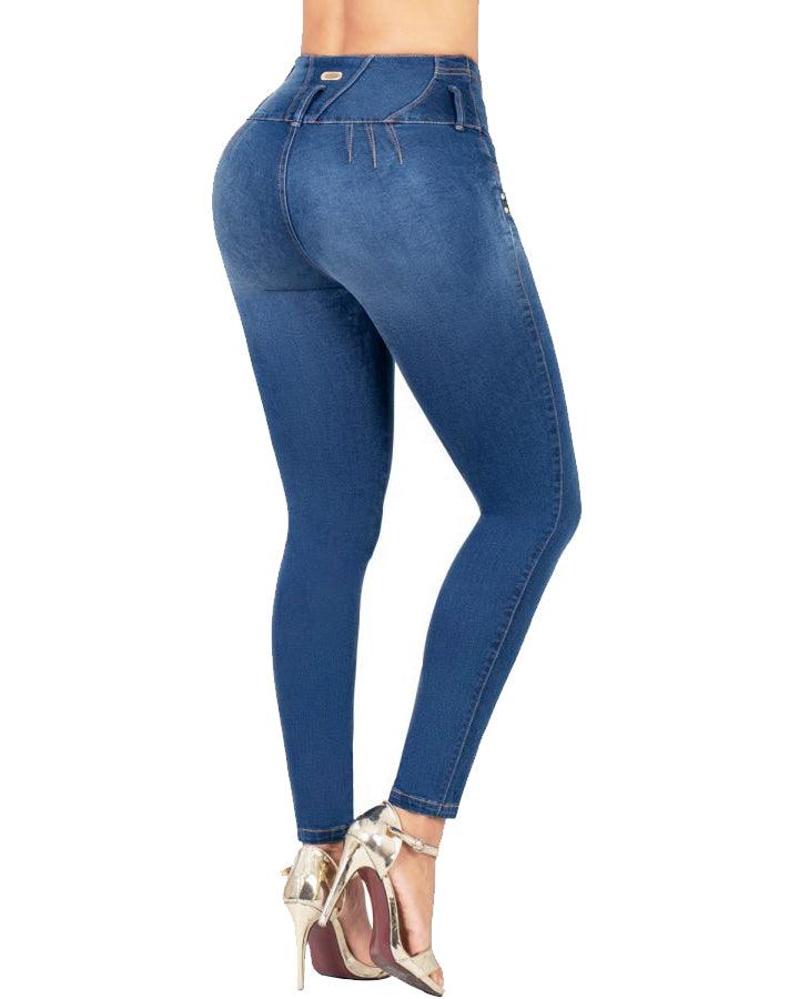 Jeans Con Faja Interna Levanta Cola Azul - Wishe
