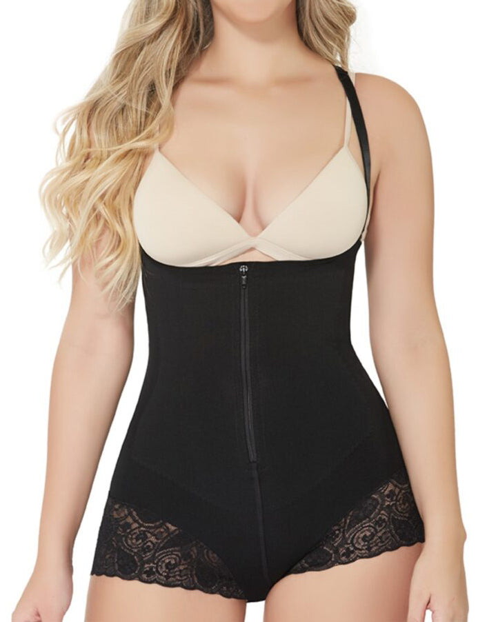 Zipper Lace Trim Open Bust Shaing Bodysuit For Women Waist Slimming Tummy Control With Anti-Dropping Straps