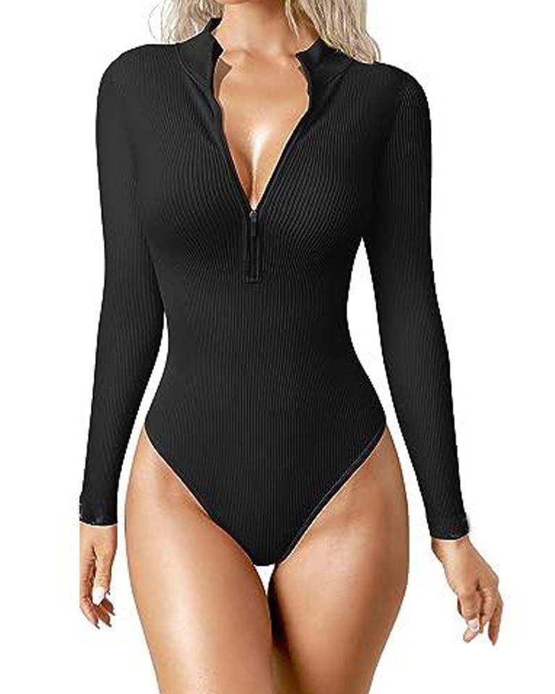 Zipper Front Long Sleeve Sexy Ribbed Long Sleeve Tights (Pre-Sale) - Wishe