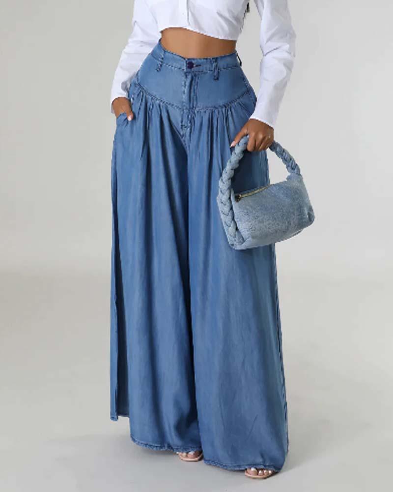 Solid Color Long Wide Leg Flared Pants - Wishe