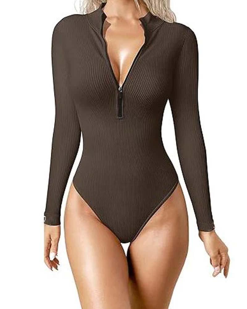 Zipper Front Long Sleeve Sexy Ribbed Long Sleeve Tights (Pre-Sale) - Wishe