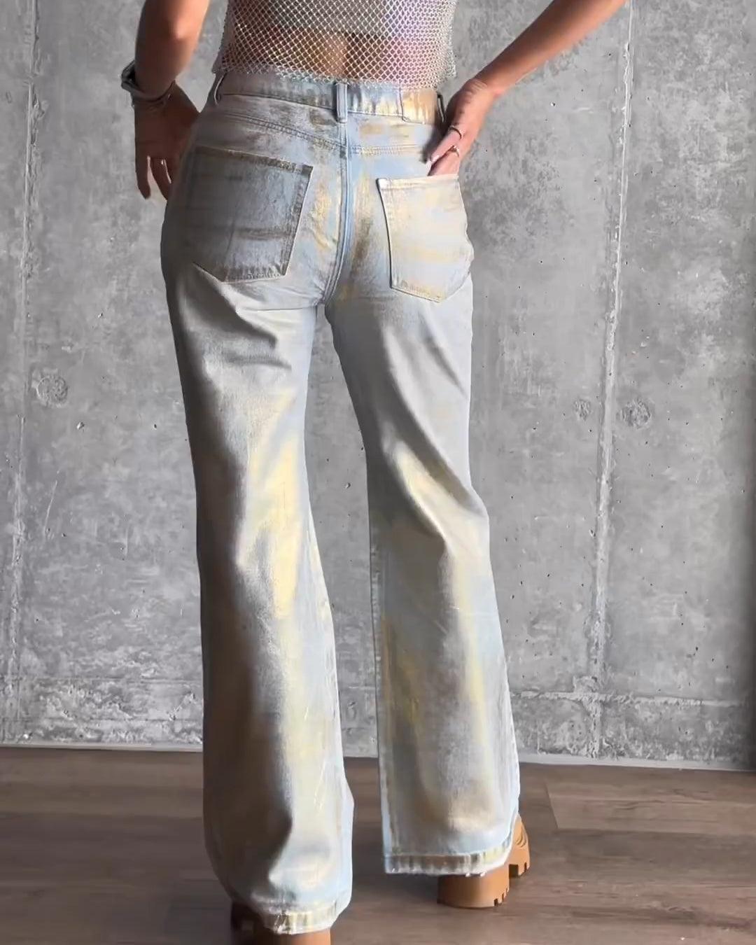 Gold Shiny Metallic Effect Jeans - Wishe