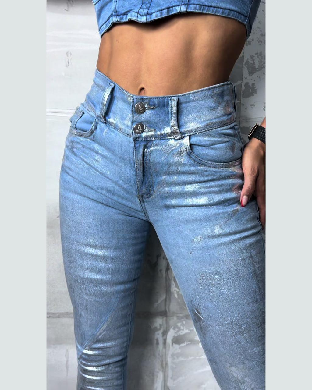 High Waist Metallic Effect Skinny Jeans - Wishe