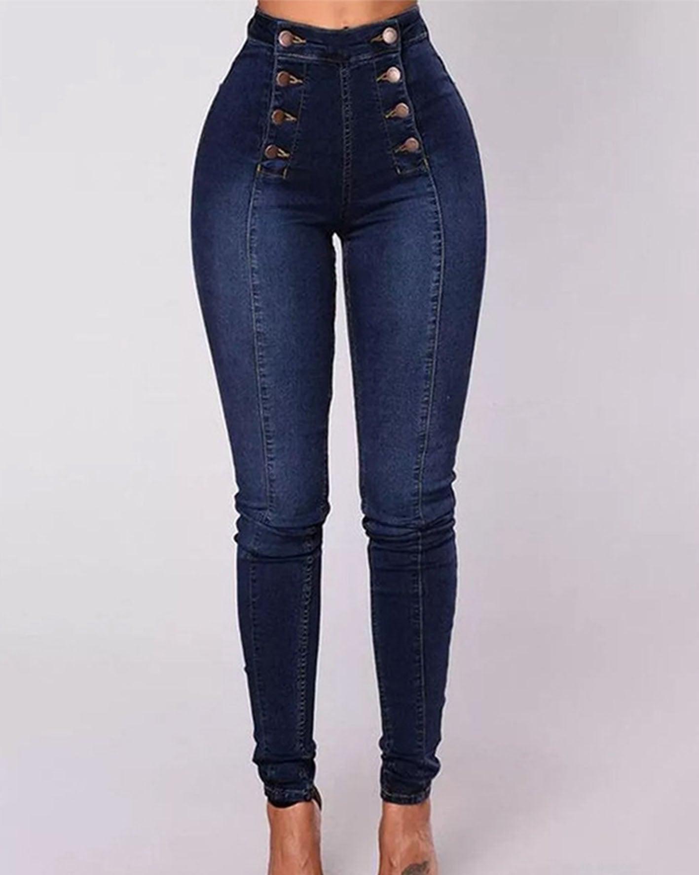 High-Waisted Casual Two-Row Stretch Jeans With Multiple Buttons - Wishe