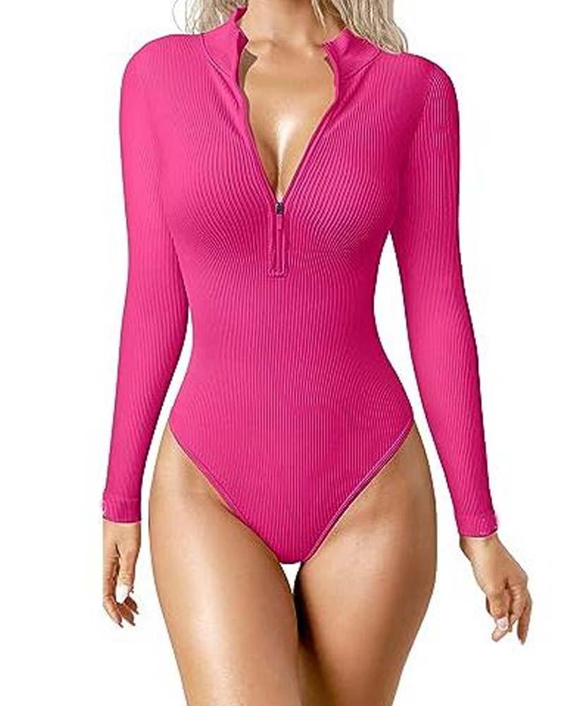 Zipper Front Long Sleeve Sexy Ribbed Long Sleeve Tights (Pre-Sale) - Wishe