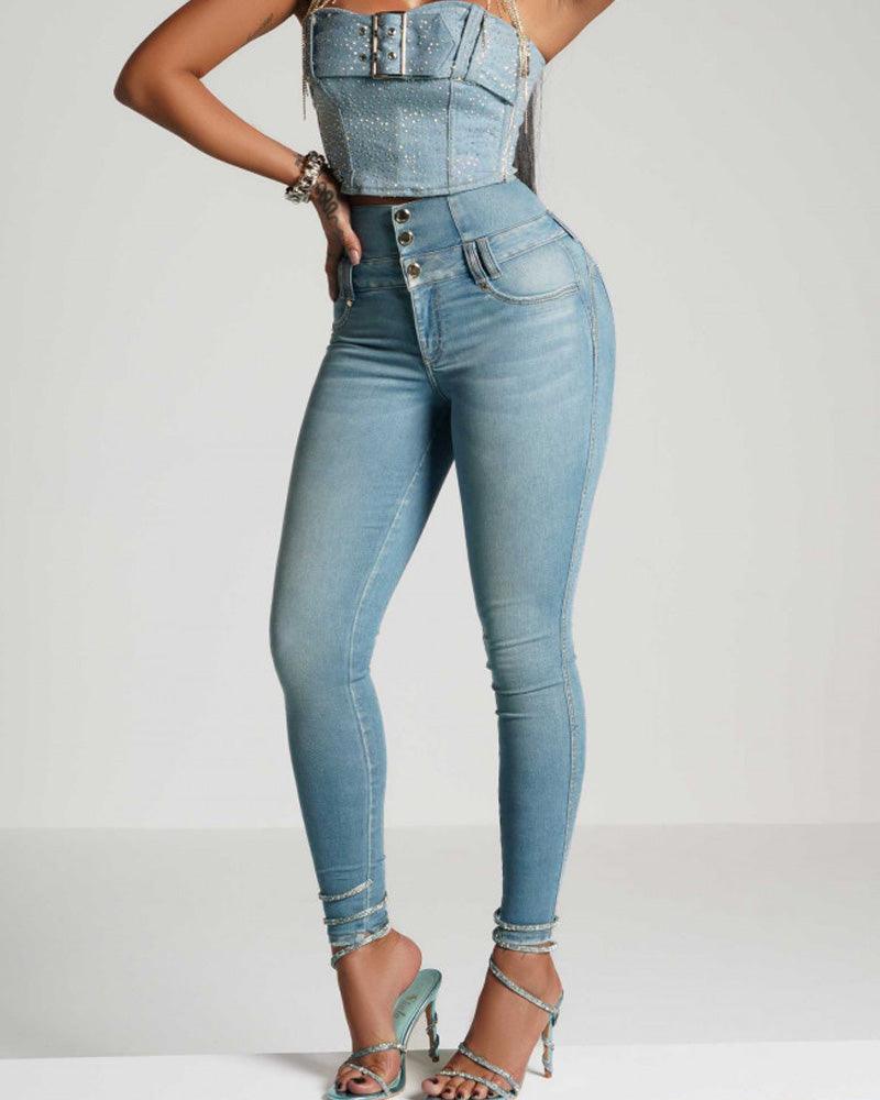 High-Waisted, Back-Zip Skinny Jeans (Pre-Sale) - Wishe